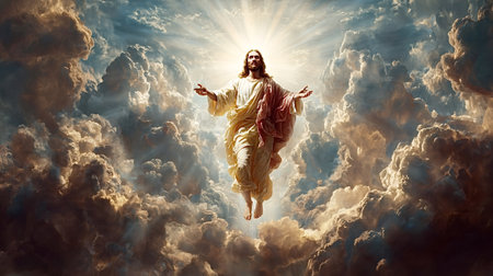 Jesus christ is ascending through a dramatic sky, surrounded by golden heavenly light and dense cumulus clouds, symbolizing resurrection, divinity, and spiritual hope for christianityの写真素材