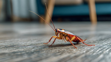 Cockroach crawling across a clean wood floor inside a modern house, a common household pest creating unsanitary conditions and requiring insect controlの写真素材