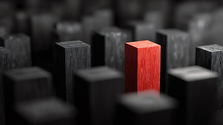 Red wooden block standing prominently among a multitude of gray blocks, symbolizing individuality, leadership, success, and differentiation in a contrasting environmentの写真素材