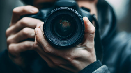 Photographer wearing a hoodie holding a camera with hands on the lens, actively shooting and capturing a moment, focusing on creativity and professional passion for visual storytellingの写真素材