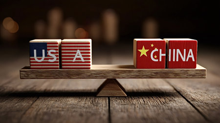 USA and china flag blocks balancing on a wooden seesaw, illustrating the delicate equilibrium and competition in international politics, trade wars, and global economic relationsの写真素材