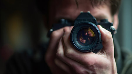 Photographer pointing a vintage film camera with a lens directly at the viewer, capturing an image...