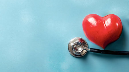 Red heart shape and a stethoscope resting together on a textured blue background, representing concepts of cardiology, heart health, medical care, and general wellbeingの写真素材