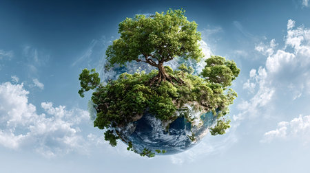 Earth shows lush green vegetation with a prominent tree rooted on its surface, symbolizing environmental conservation, sustainability, and the planet's delicate ecosystem under a clear blue skyの写真素材