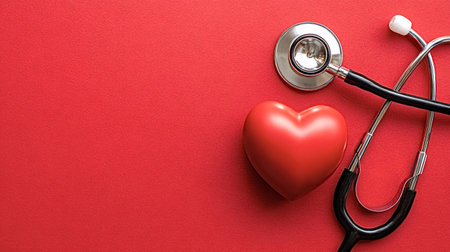 Human heart model and stethoscope lying on a vibrant red background, illustrating concepts of healthcare, cardiology, medical check up, and heart healthの写真素材