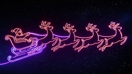 Santa claus and his team of reindeer pulling a sleigh glowing in vibrant neon lights against a dark, starry night sky, representing festive christmas holidaysの写真素材