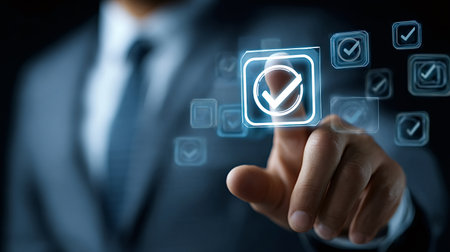 Businessman's hand touching a glowing virtual screen with multiple checkmark icons, symbolizing completion, quality control, and successful task management in a futuristic digital interfaceの写真素材
