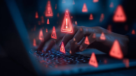 Person typing on a laptop keyboard surrounded by glowing red warning signs, illustrating concepts of cybersecurity threats, data breaches, online risk, and system vulnerabilityの写真素材
