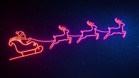 Santa claus in a vibrant neon outline sleigh being pulled by three reindeer, glowing brightly against a dark, star filled night sky, symbolizing christmas holiday magic and winter celebrationの写真素材