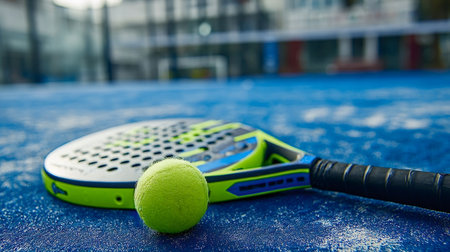 Padel racket and ball on blue court surface, close up flat lay highlighting sport equipment and textured background for recreation and competitionの写真素材