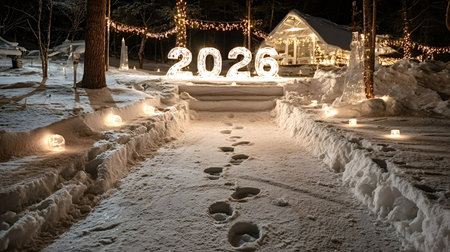 Footprints in snow leading towards a glowing 2026 sign surrounded by festive lights and a cozy cabin, symbolizing a path into the future and the arrival of a new yearの写真素材