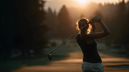 Woman golfer completing a swing during a round of golf at sunset, with golden light backlighting her hair and silhouette against the trees, enjoying leisure and sportの写真素材
