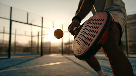 Padel player's hand holding a racket, ready to strike the yellow ball, with the setting sun creating a vibrant golden glow across the court during an intense matchの写真素材