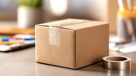 Cardboard box with clear packing tape sealing the top, sitting on a desk next to a roll of craft tape, representing e commerce packaging, mailing, and moving conceptsの写真素材