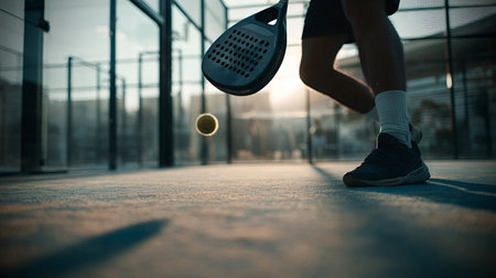 Padel player striking ball with paddle from low ground level view on glass court at sunset, dynamic backhand action capturing legs, racket, motion blur and warm evening lightの写真素材