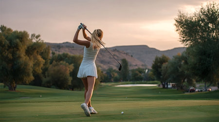 Woman playing golf, completing her follow through with a golf club on a pristine green course, enjoying an active sporting lifestyle during a warm summer sunsetの写真素材