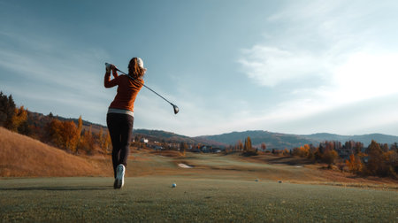Woman standing on a golf course teeing ground, perfecting her swing with a driver, enjoying a game of golf during the vibrant autumn season with colorful trees and rolling hills in the backgroundの写真素材