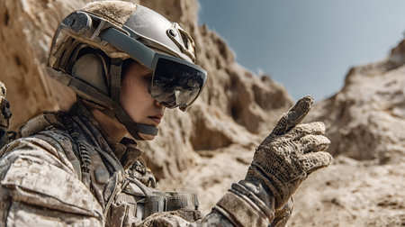 Female soldier in desert camouflage uniform commanding during military operations, tactical helmet with futuristic goggles and pointing with a gloved hand against a dusty, rugged landscapeの写真素材