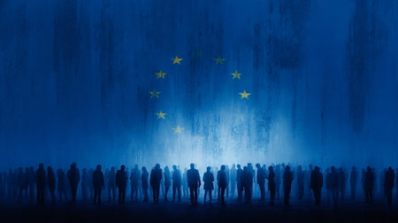 Diverse group of people standing as silhouettes in a dark, atmospheric setting, unified by the symbolic European union flag and its illuminated stars representing collective identity and futureの写真素材
