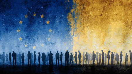 Silhouettes of people standing in front of a textured background depicting the european union flag stars blending with the colors of the ukraine flag, symbolizing solidarity and supportの写真素材