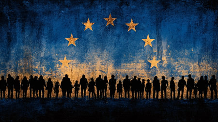 People silhouettes forming a horizontal line standing against a grunge European union flag depicting concepts of immigration, refugees, and societal challenges within europeの写真素材