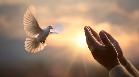 Hands release a pure white dove into a glowing orange sunset sky, symbolizing peace, freedom, hope and spiritual devotion as wings catch rays of evening lightの写真素材