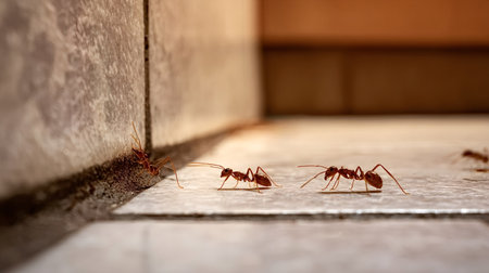 Red ants scurrying along kitchen floor tiles and skirting board, building a nest inside the house and indicating a small infestation and hygiene concern in a domestic settingの写真素材