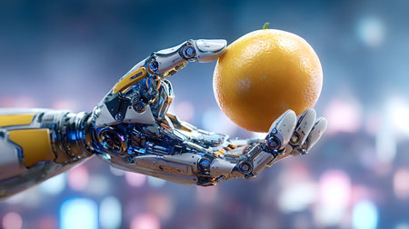Robotic hand gently holding a vibrant ripe orange, symbolizing the integration of artificial intelligence and advanced technology with nature, future agriculture, and sustainable practicesの写真素材