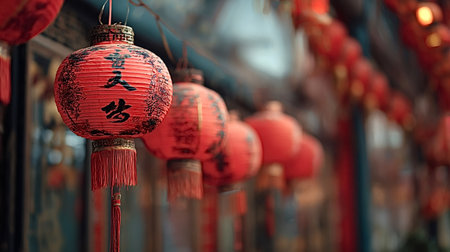 Red chinese lanterns with black calligraphy and tassels hang in a row, glowing warmly over a night street during a festive lunar new year celebration, creating vibrant bokeh ambianceの写真素材