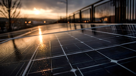 Solar panel modules installed outdoors capturing the warm evening light of a sunset, symbolizing renewable energy, sustainable future, and environmental technologyの写真素材