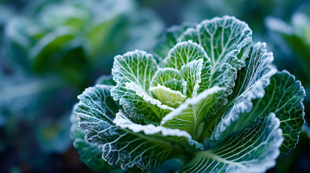 Cabbage head in a garden with vibrant green leaves dusted in delicate hoarfrost, crisp morning chill signaling winters arrival and fresh seasonal produce ready for harvestの写真素材