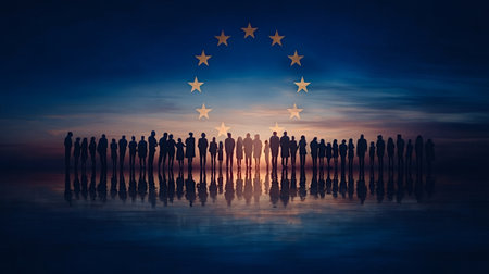 Silhouetted people stand before a glowing sky patterned with the European union flag, symbolizing unity, solidarity and a shared hopeful future across Europeの写真素材