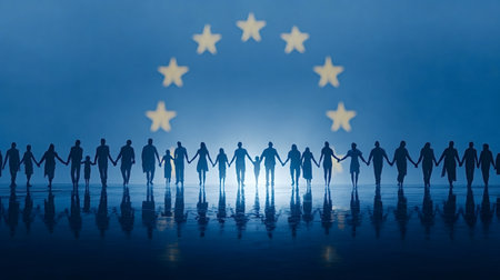 Diverse people of all ages stand in silhouette, a unified line holding hands against a glowing European union flag background, representing community, cooperation, and a shared futureの写真素材