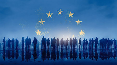 European citizens standing in silhouette together beneath a distressed and fading European union flag, reflecting concepts of unity, democracy, and political change in europeの写真素材