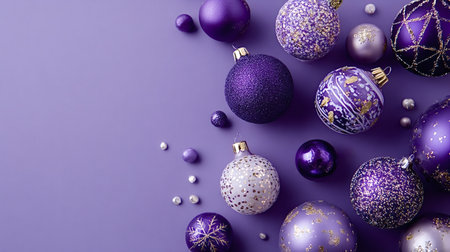 Purple and silver christmas baubles with glitter and abstract patterns creating a festive and luxurious holiday decoration against a plain background with copy spaceの写真素材