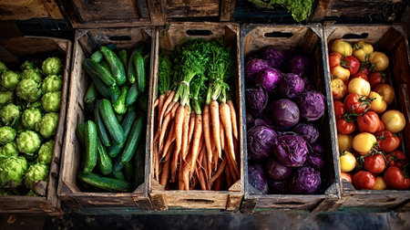 Colorful display of fresh organic vegetables cucumbers, carrots, red cabbage, tomatoes and hops in rustic wooden crates at a farmers market, showcasing local healthy produceの写真素材