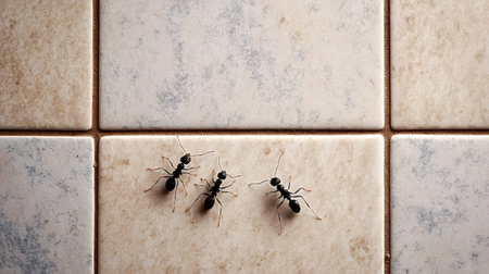 Small black ants trail across beige and gray floor tiles, a close up of a household infestation highlighting sanitation issues and need for pest control and extermination measuresの写真素材