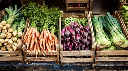 Seasonal root vegetables, including carrots, purple radishes, and turnips, displayed in rustic wooden crates on a market stall, promoting healthy eating and local agricultureの写真素材