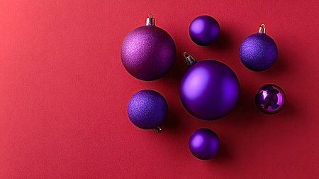 Purple christmas ornaments in assorted sizes and textures arranged on a textured deep red background, flat lay with generous copy space for seasonal greeting or marketing textの写真素材
