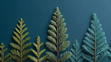 Fir branches arranged into minimalist christmas tree shapes on a deep teal background, creating an elegant, natural holiday composition with ample copy space for seasonal designの写真素材