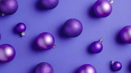 Purple christmas ornaments featuring both matte and glitter finishes are scattered across a vibrant indigo blue background, creating a festive holiday pattern with copy spaceの写真素材
