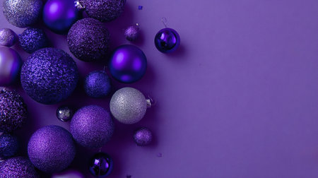 Assorted sizes and textures of sparkling purple and silver Christmas baubles are arranged on a uniform purple background, creating a festive decorative border with ample copy spaceの写真素材