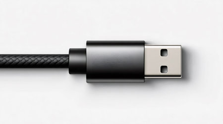 Usb a connector on a black braided cable for charging and high speed data transfer, minimalist close up on white background conveying modern tech, power and connectivityの写真素材