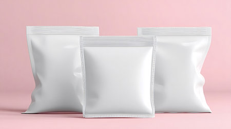 Blank white stand up pouches with zipper seals and generous copy space, perfect for branding and packaging mockups on a vibrant pink studio background for product displayの写真素材