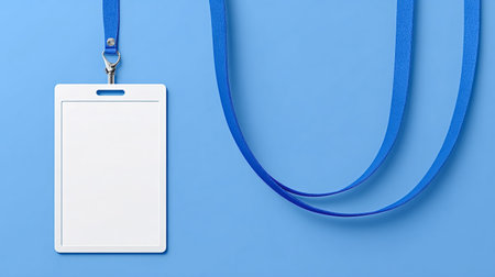 Empty white id card badge mockup attached to a blue lanyard, providing a clean template for corporate identity, event access, or security identification on a solid color backdropの写真素材