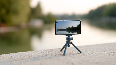 Smartphone mounted on a mini tripod recording a tranquil river scene with green trees and reflections on the water surface, showcasing outdoor mobile content creationの写真素材