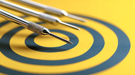 Silver darts lined up on a yellow and gray concentric target, illustrating concepts of focus, aiming, strategy, achieving goals, and successful marketing objectivesの写真素材
