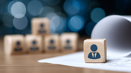 Wooden block with person icon beside a rolled up resume, set among blurred blocks on a tabletop, symbolizing hiring, recruitment and candidate selection in hr processesの写真素材