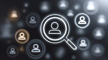 Magnifying glass highlighting a person icon, representing the recruitment process and searching for the right candidate among many potential employeesの写真素材