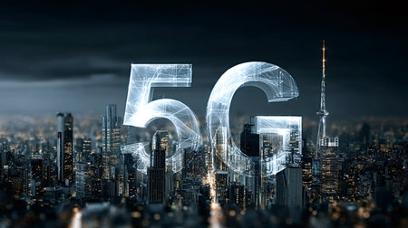 Large glowing 5g symbol rising above an illuminated modern cityscape at night, illustrating advanced wireless communication infrastructure and future urban innovationの写真素材